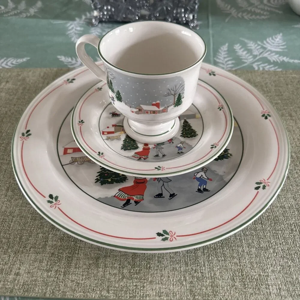 Vintage Sango Silent Night Christmas Teacup w. Saucer 1980s Holiday Ice Skate